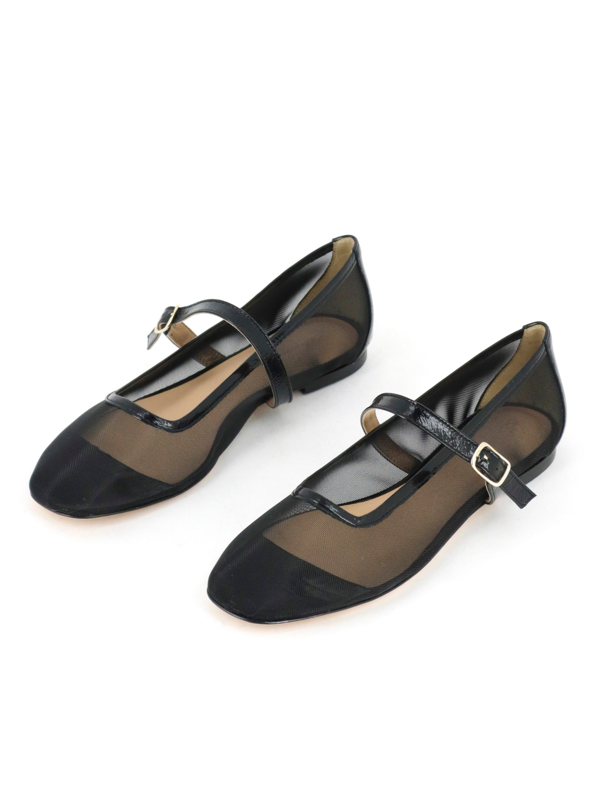 Round-Toe Ballet Flats Mary Janes with Adjustable Strap In Black Mesh