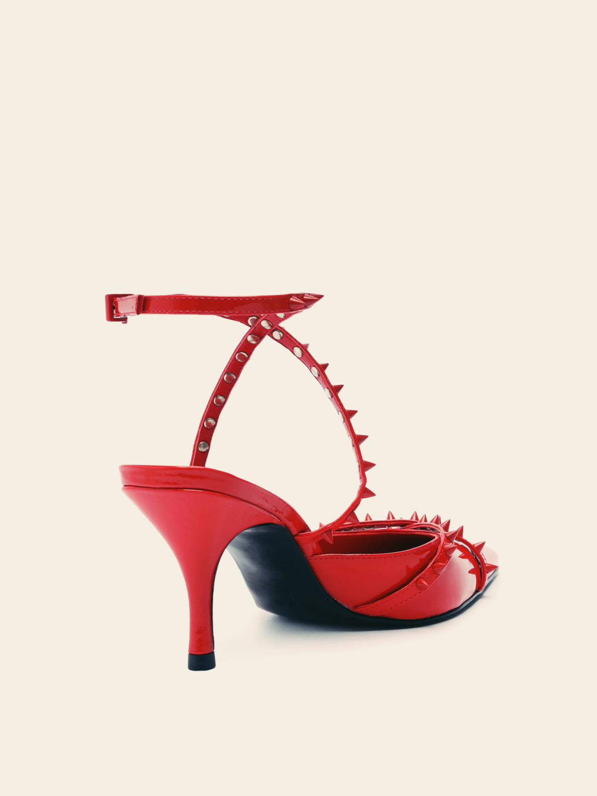 Red Patent Spike Pointy High Heels Pumps With Ankle Wrap Strap