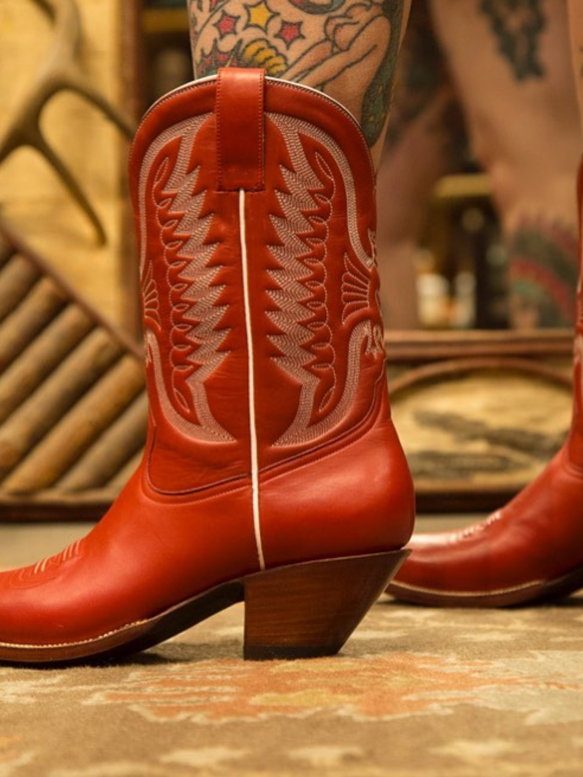 Red Eagle And Heart Embroidery Pointed-Toe Wide Mid Calf Cowgirl Boots