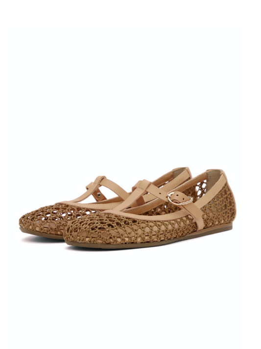 Dark Tan Crochet Raffia Woven Ballet Flats With Tan Buckled T-Strap