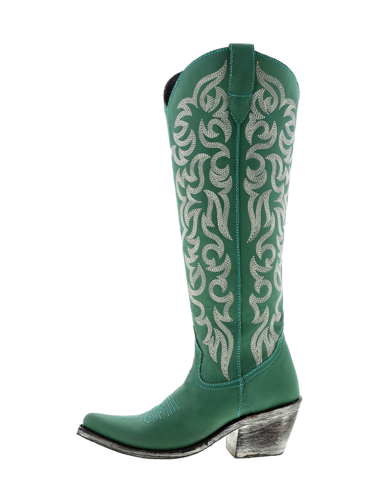 Embroidery Almond-Toe Full-Zip Knee High Tall Cowgirl Boots - Green