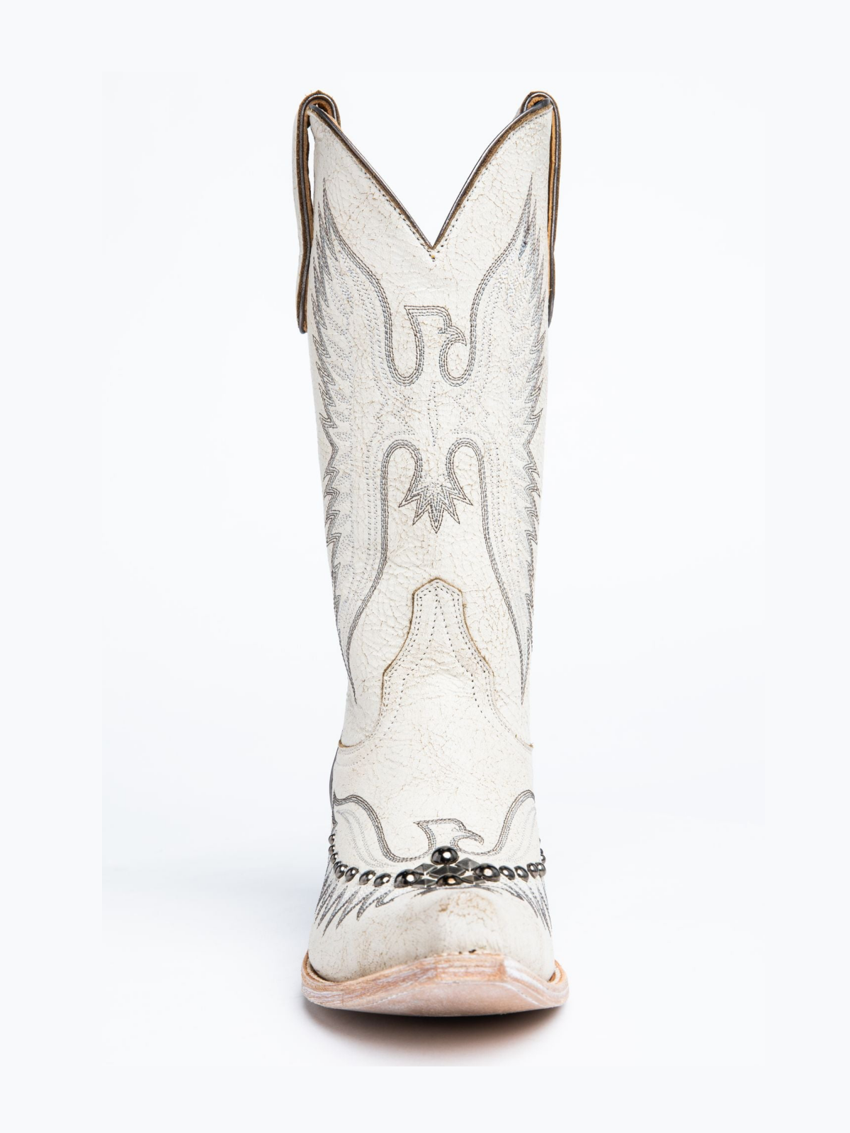 Distressed White Snip-Toe Studded Eagle Embroidery Wide Mid Calf Tall Cowgirl Boots