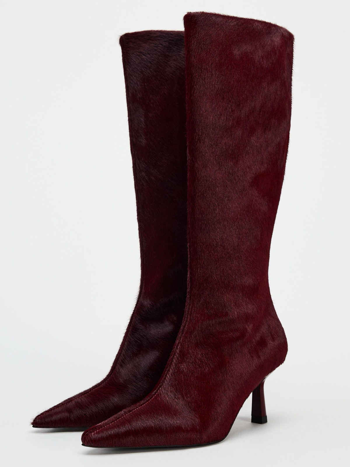 Burgundy Faux Pony Hair Vegan Leather Pointed-Toe Full-Zip Mid Calf Stiletto Boots