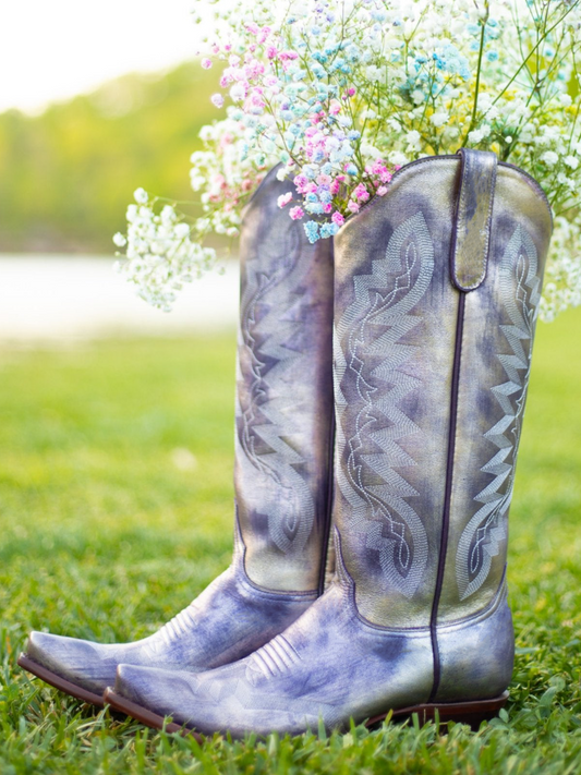 Metallic Lavender Snip-Toe Embroidery Wide Mid Calf Cowgirl Boots