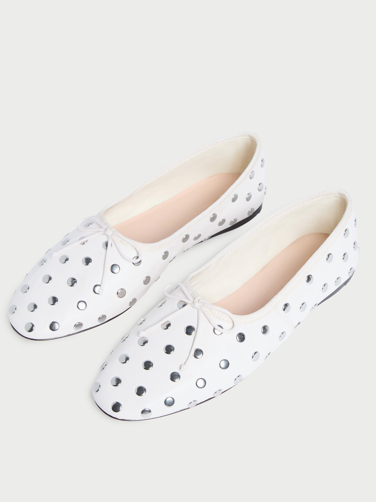 White Almond-Toe Bow Ballet Flats With Silver Studs