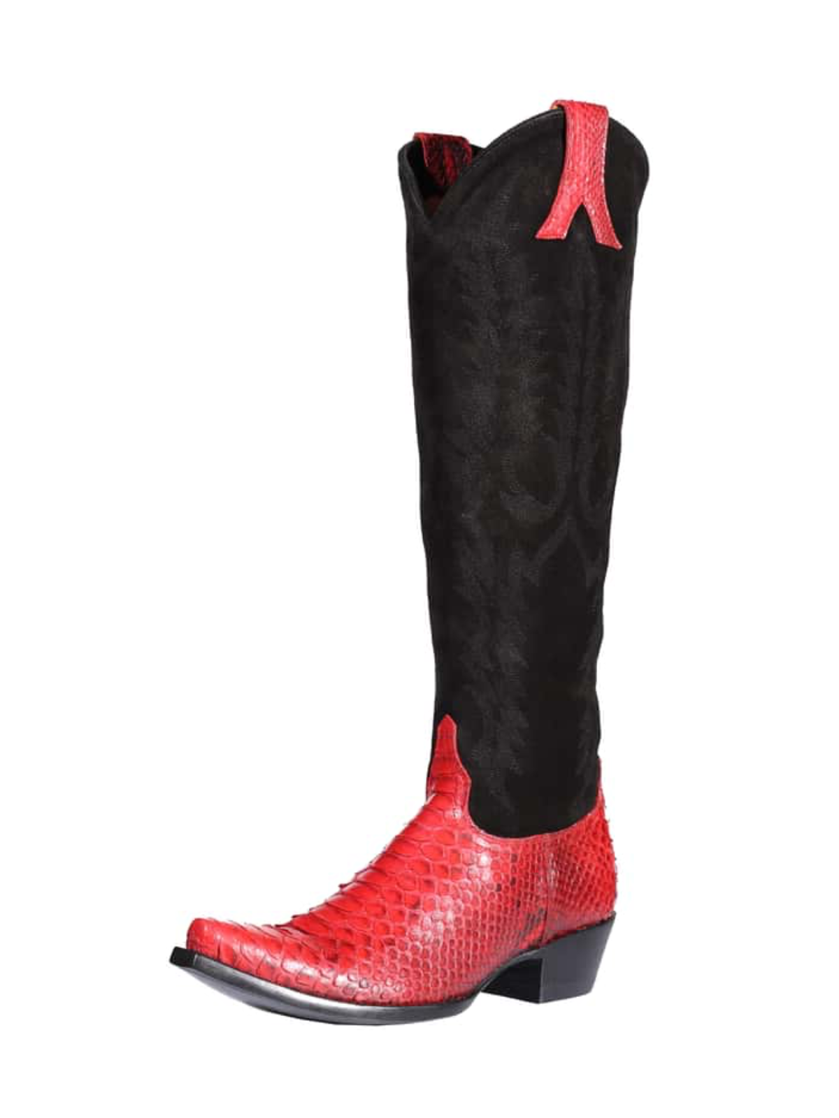 Contrast Black Faux Suede And Red Snakeskin Snip-Toe Embroidery Half-Zip Knee High Cowgirl Boots