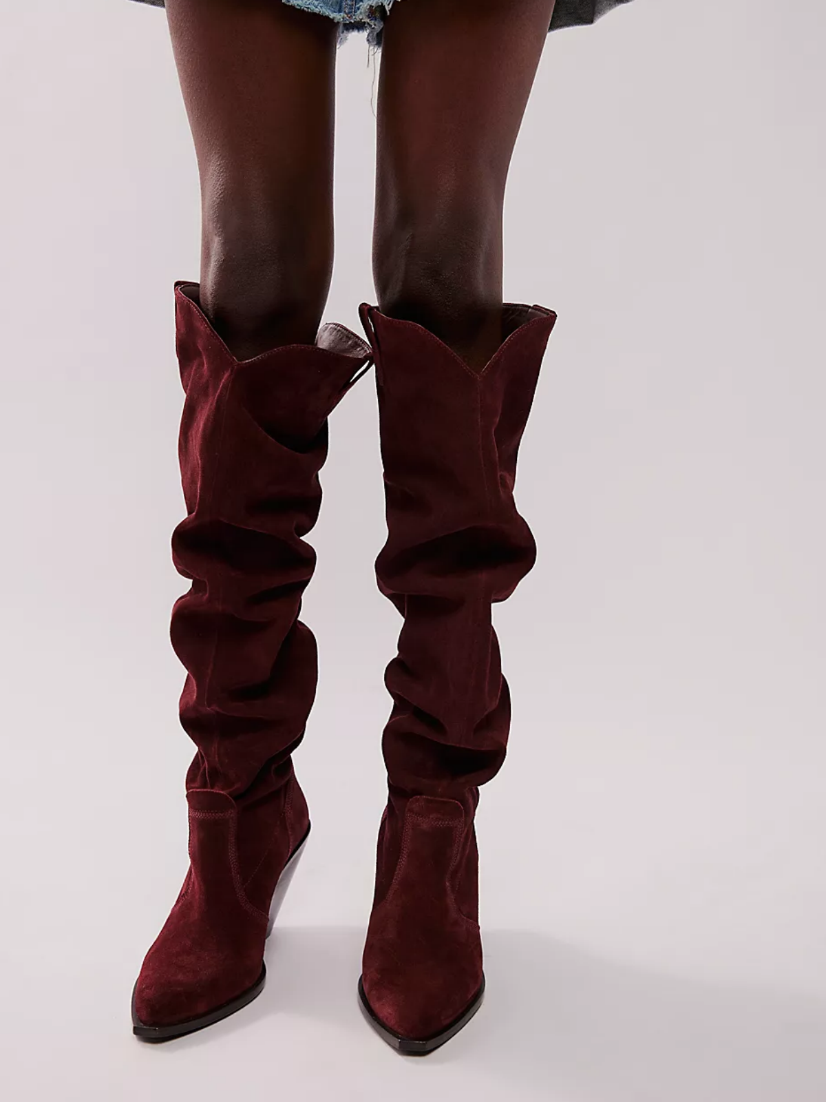 Red Faux Suede Pointy Knee High Western Boots Slouchy Mid Calf Cowgirl Boots