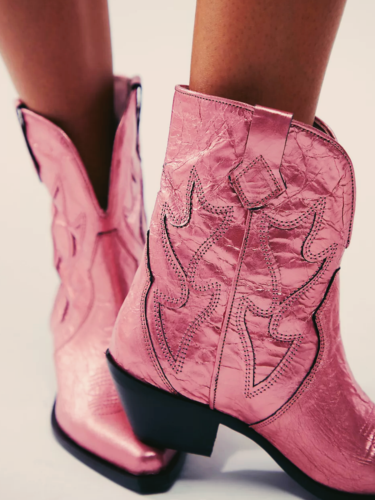 Metallic Pink Crinkle Stitch Inlay Pointy Cowgirl Ankle Booties