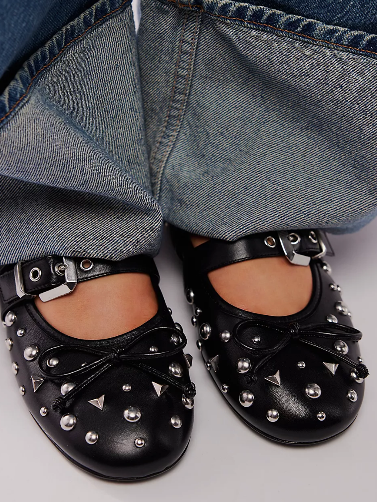 Black Bow Studded Ballet Flats Mary Janes With Grommet Buckled Strap