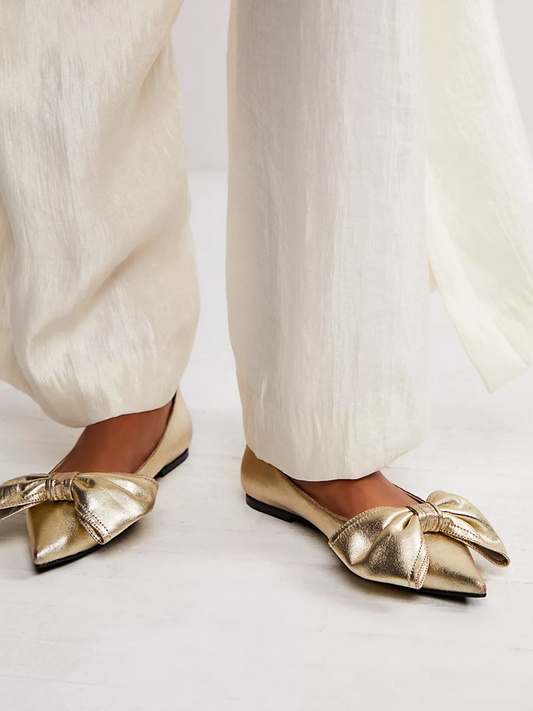 Women Metallic Gold Oversized Bow Pointy Ballet Flats