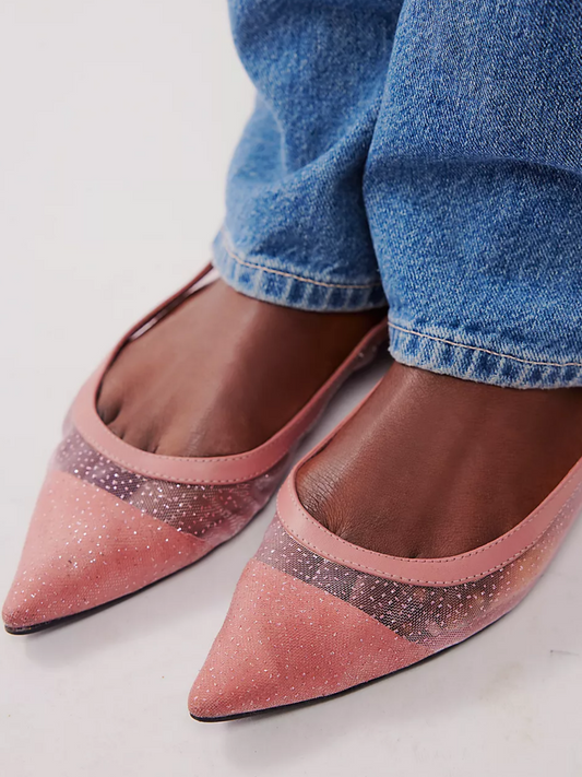 Pink Glitter Mesh Pointy Toe Flats With Ankle Wrap Strap