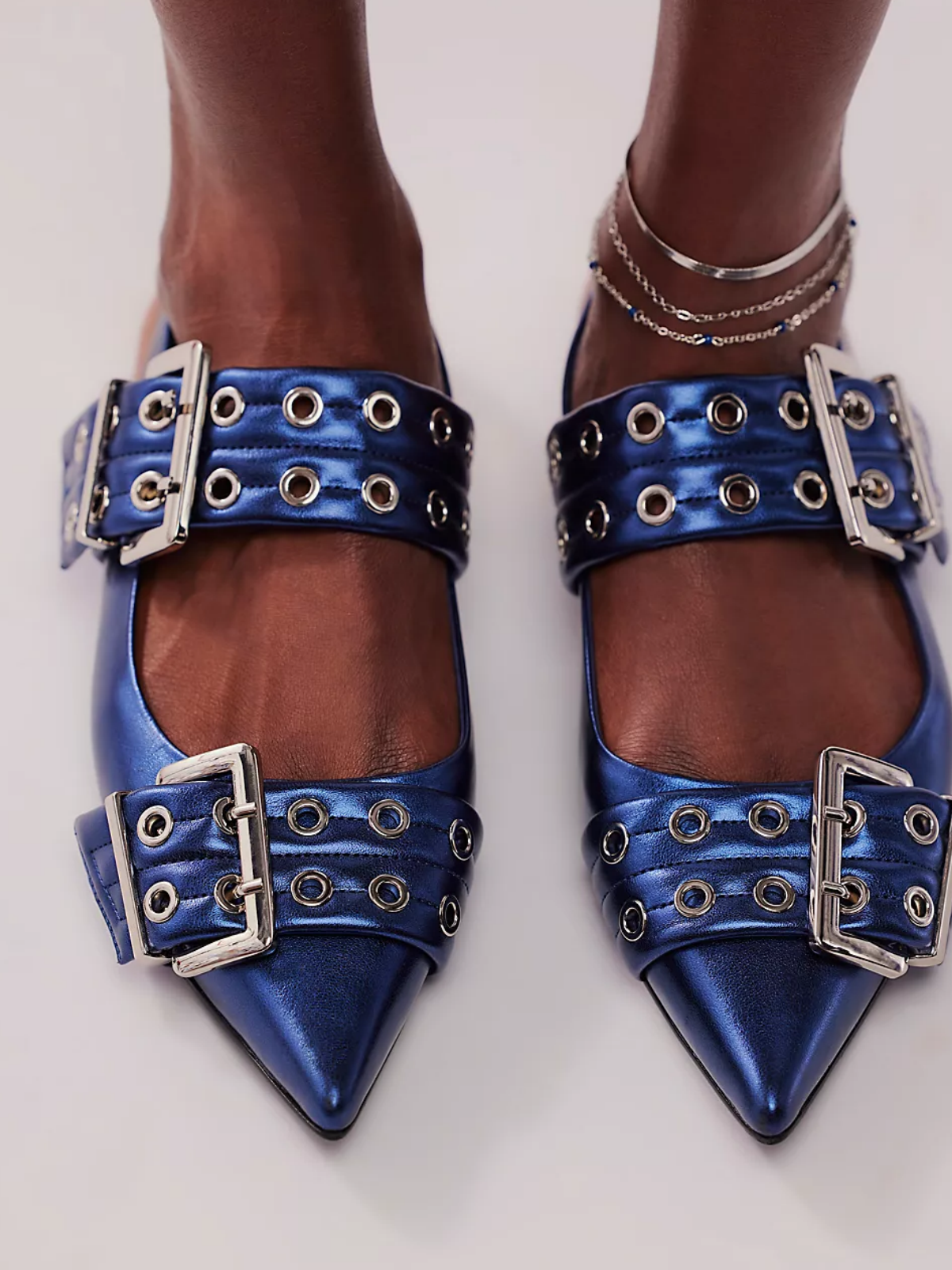 Metallic Blue Grommet Eyelet Buckle Strappy Pointy Flats Mary Janes Slingbacks