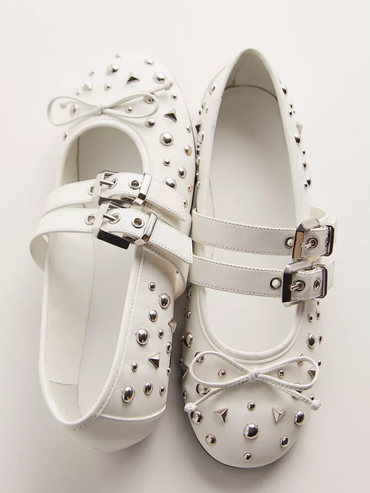 White Bow Studded Ballet Flats Mary Janes With Grommet Buckled Strap