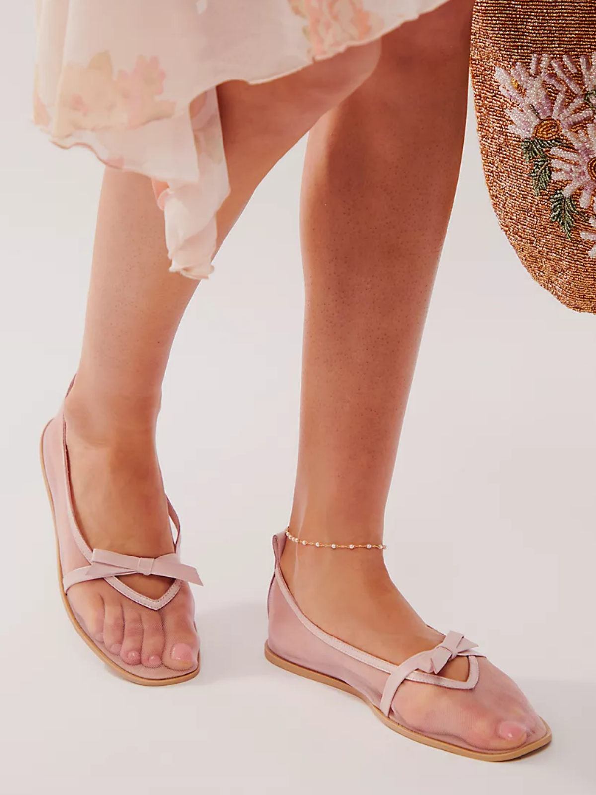 Pink Mesh Slip-On Ballet Flats With Bow Hollow-Out Design