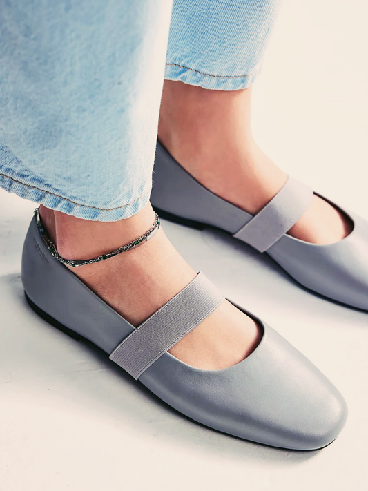 Grey Square-Toe Flats Mary Janes With Wide Elastic Band