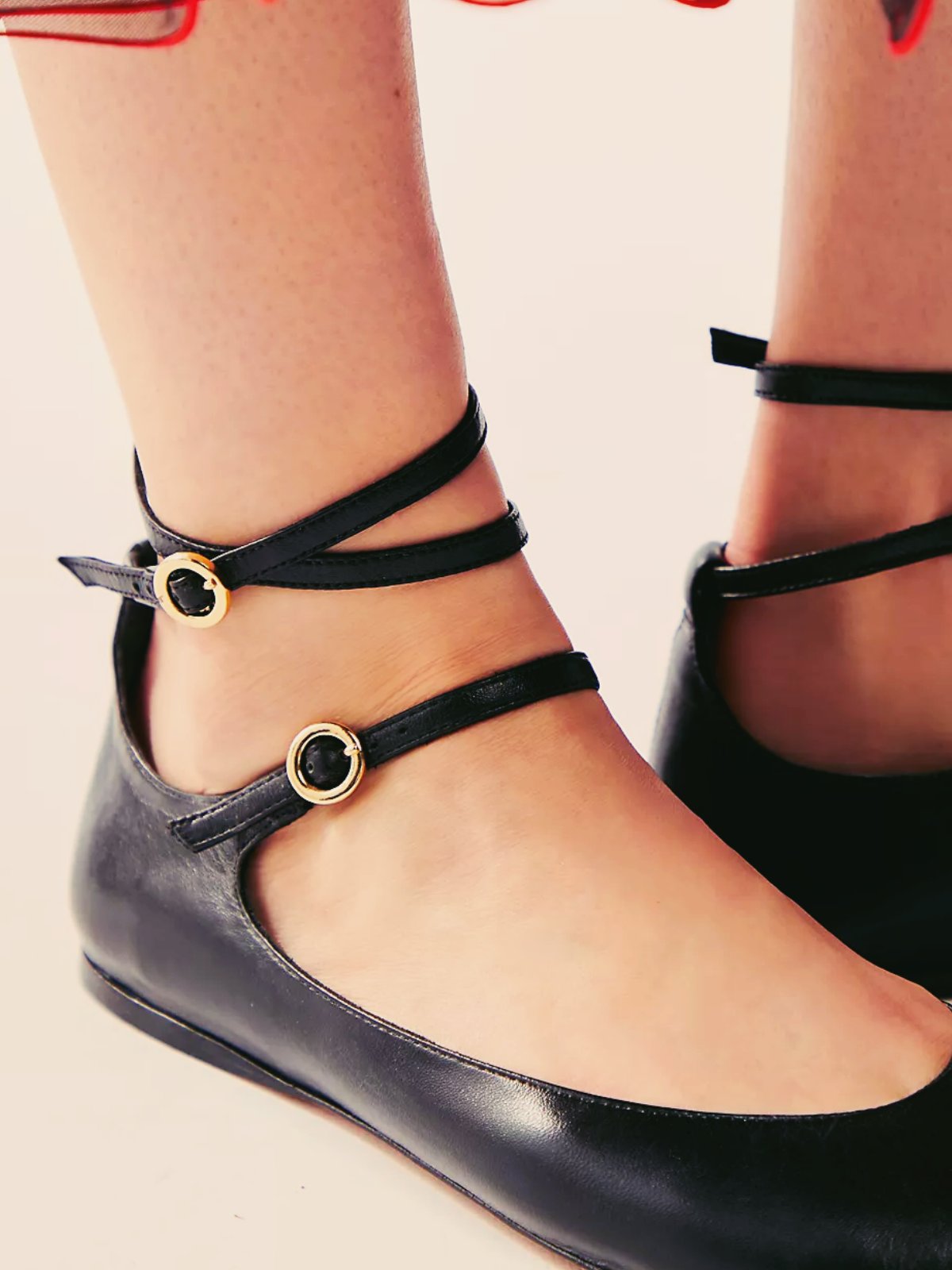 Black Double Buckled Ankle Strap Round-Toe Ballet Flats