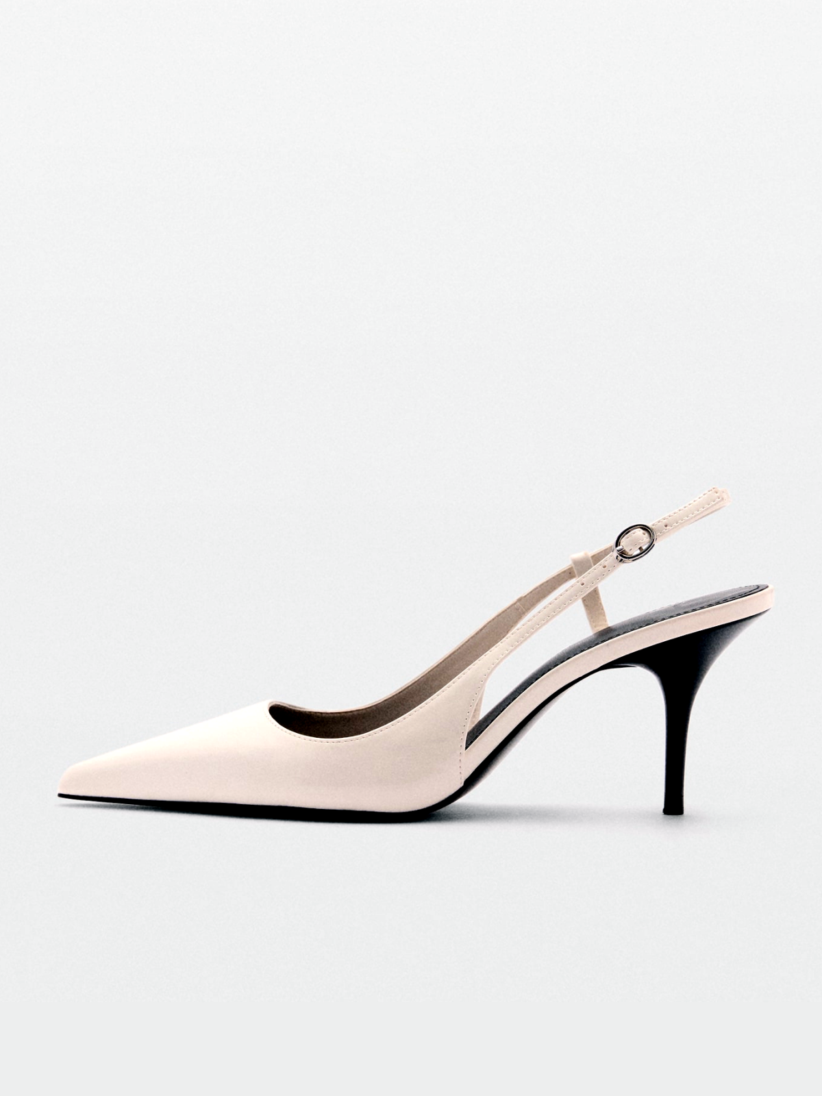 White Patent Pointed-Toe Slingback Buckle Kitten Heels