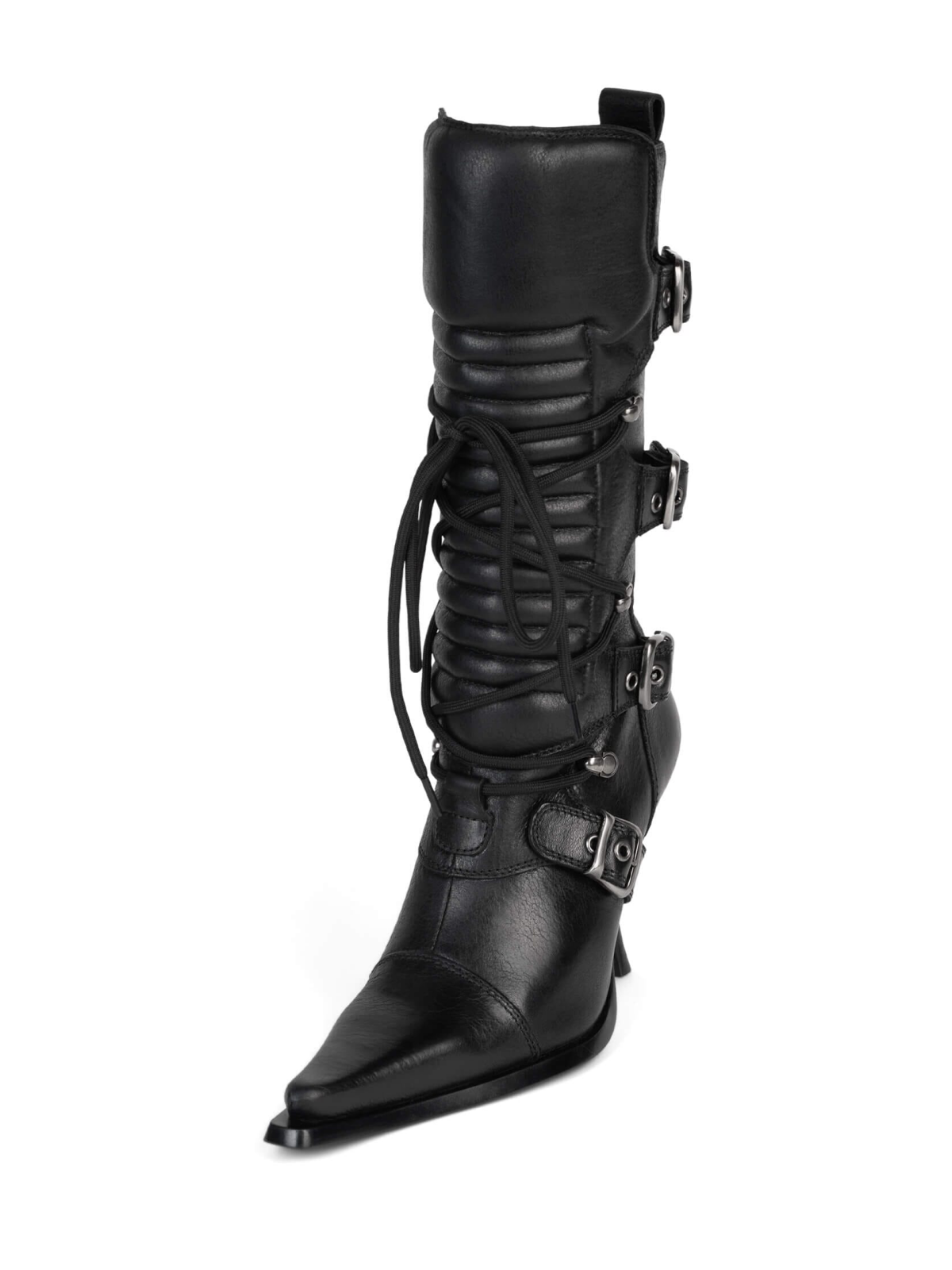 Black Pointed-Toe Full-Zip Lace-Up Mid Calf Moto-Inspired Stiletto Boots With Buckles