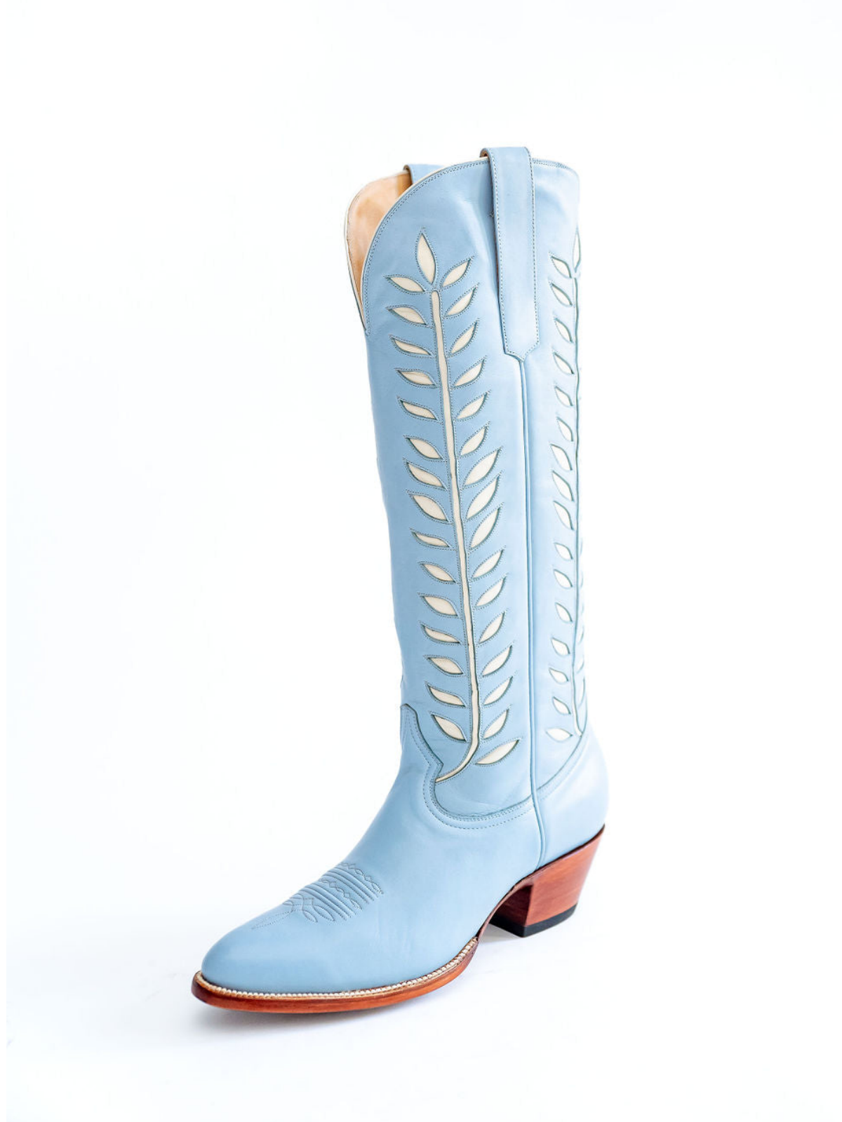 Almond-Toe Ivory Leaves Inlay Wide Calf Tall Knee High Cowgirl Boots - Powder Blue