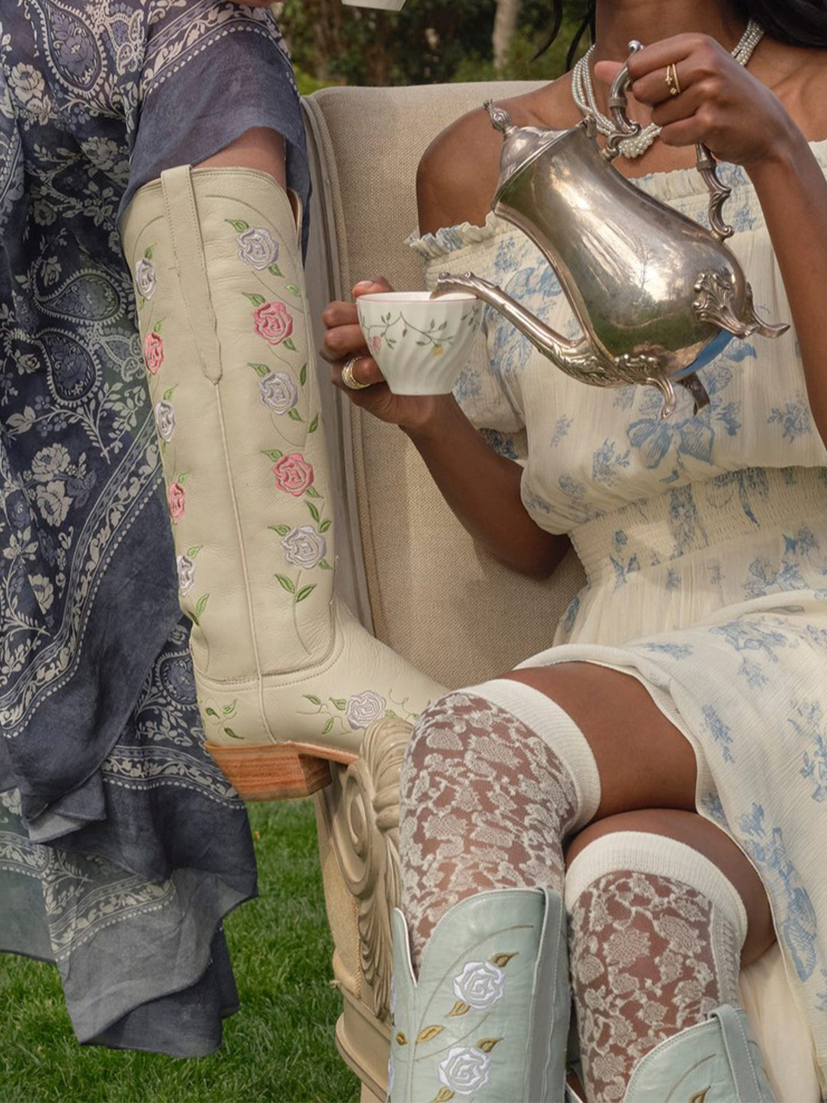 Cream Snip-Toe Rose Embroidery Wide Calf Knee High Cowgirl Boots