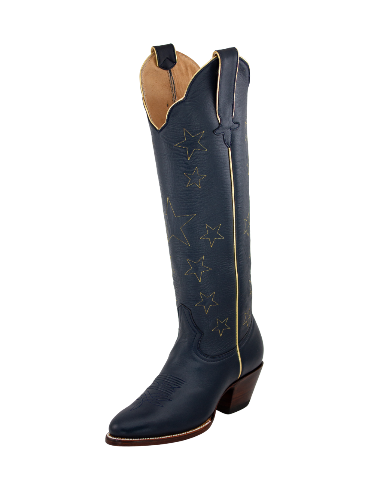 Almond-Toe Stars Embroidery Wide Calf Knee High Cowgirl Boots - Navy Blue