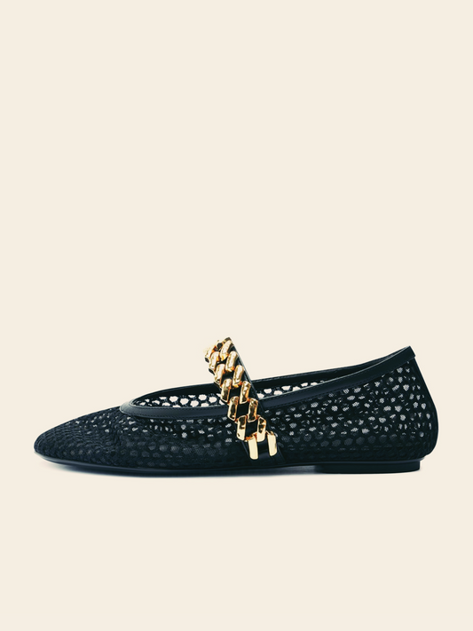 Black Fishnet Round Toe Flats Mary Janes With Gold Chain Strap