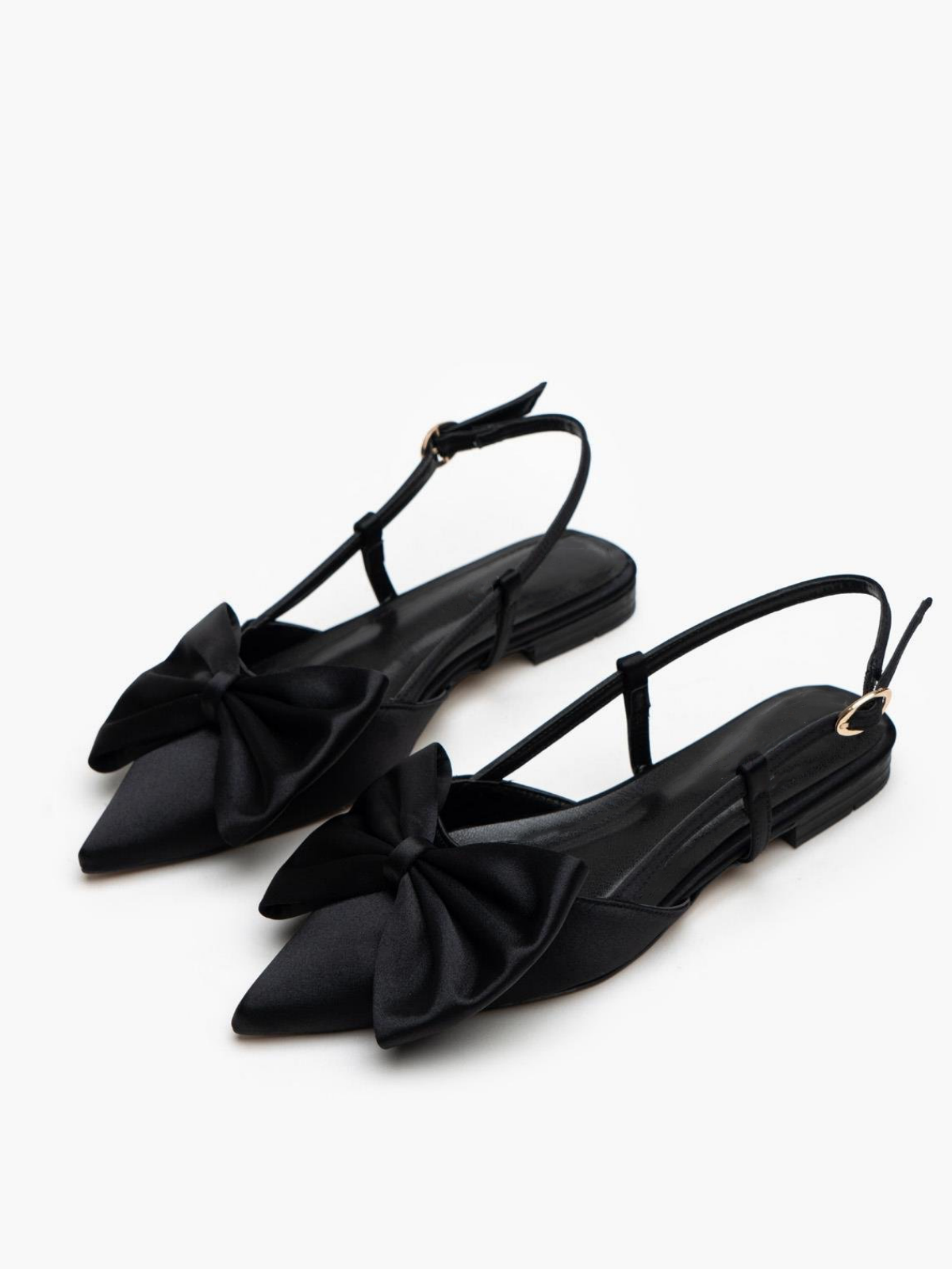 Black Satin Bow Pointy Ballet Flats Slingbacks With Buckled Strap