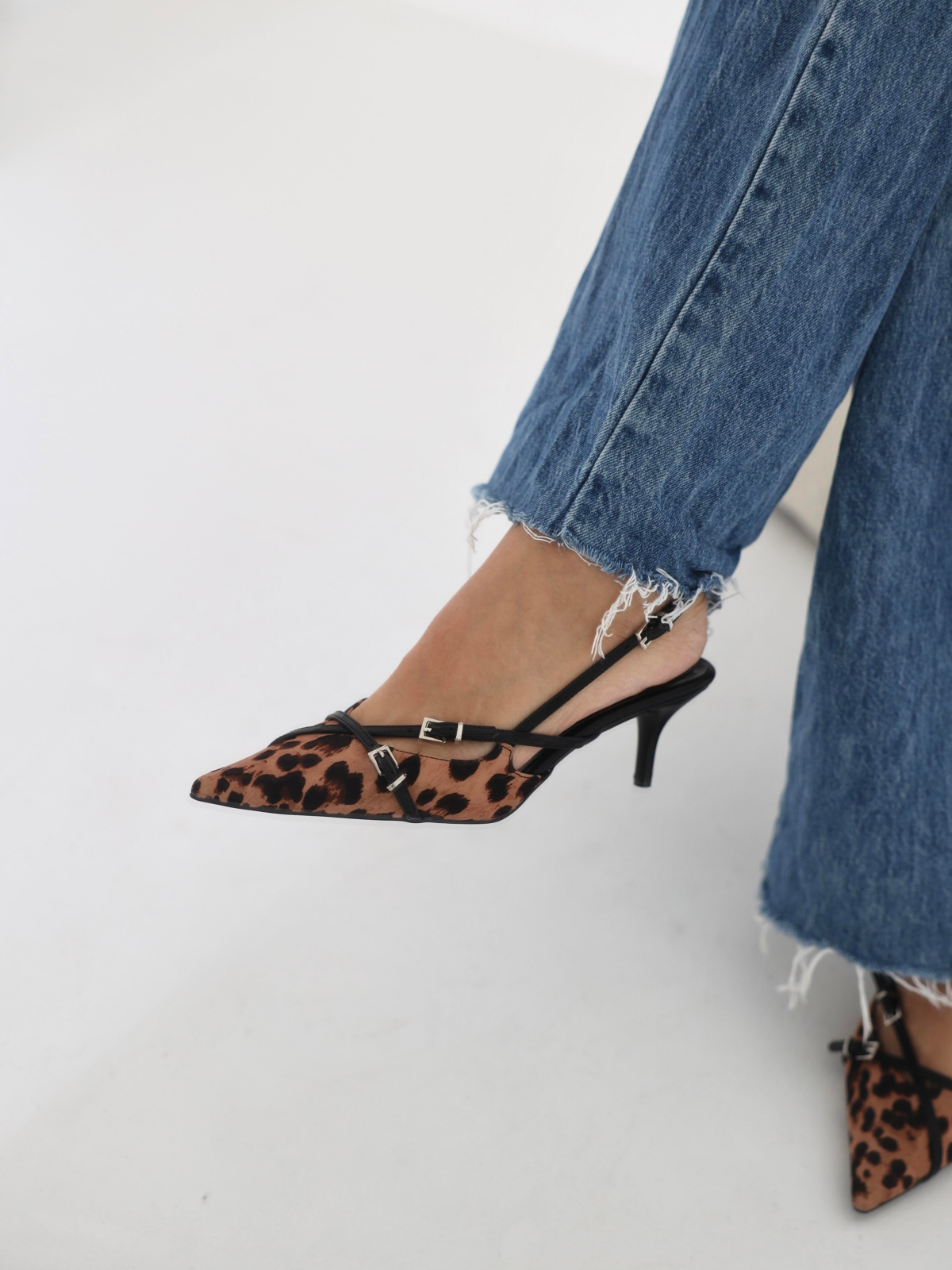 Leopard Satin Kitten Heels Slingback Pumps With Crossed Buckled Strap