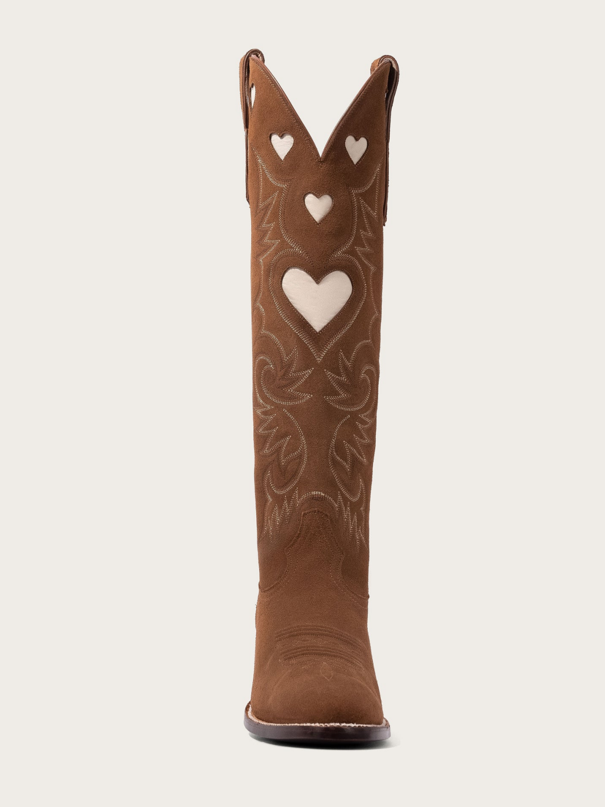 Ivory Heart Inlay Embroidery Almond-Toe Tall Wide Mid Calf Cowgirl Boots - Brown Faux Suede