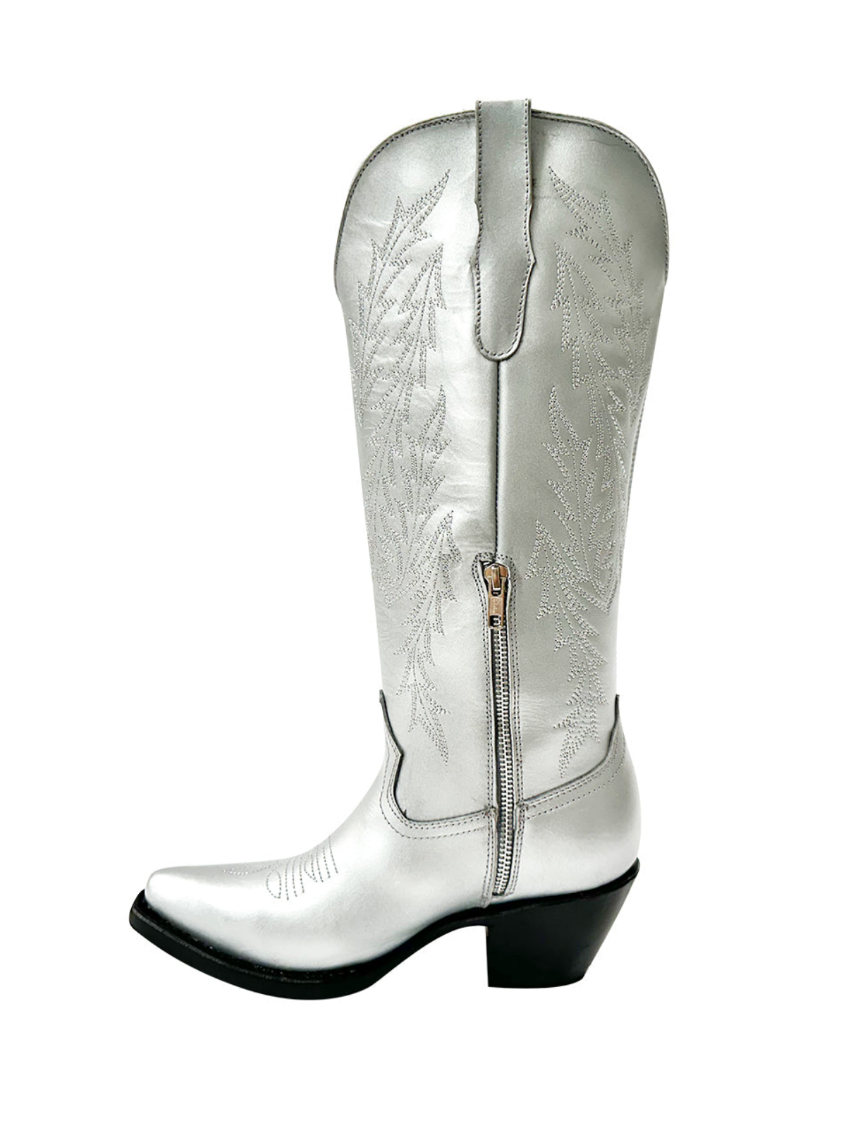 Metallic Snip-Toe Leaf Embroidery Half-Zip Mid Calf Tall Cowgirl Boots - Silver