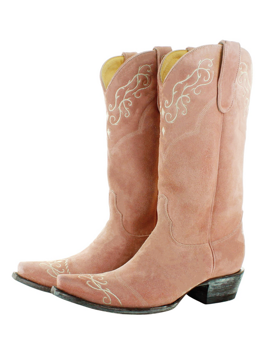 Blush Pink Faux Suede Snip-Toe Embroidery Tall Wide Mid Calf Cowgirl Boots