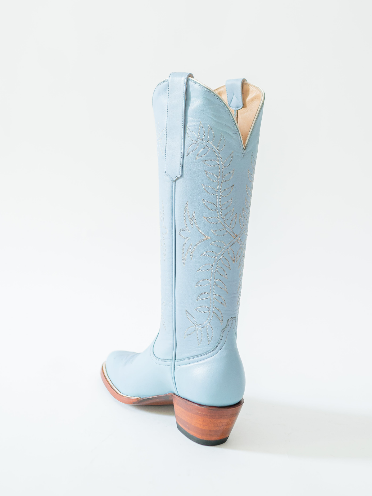 Leaves Embroidery Almond-Toe Wide Mid Calf Cowgirl Boots - Powder Blue