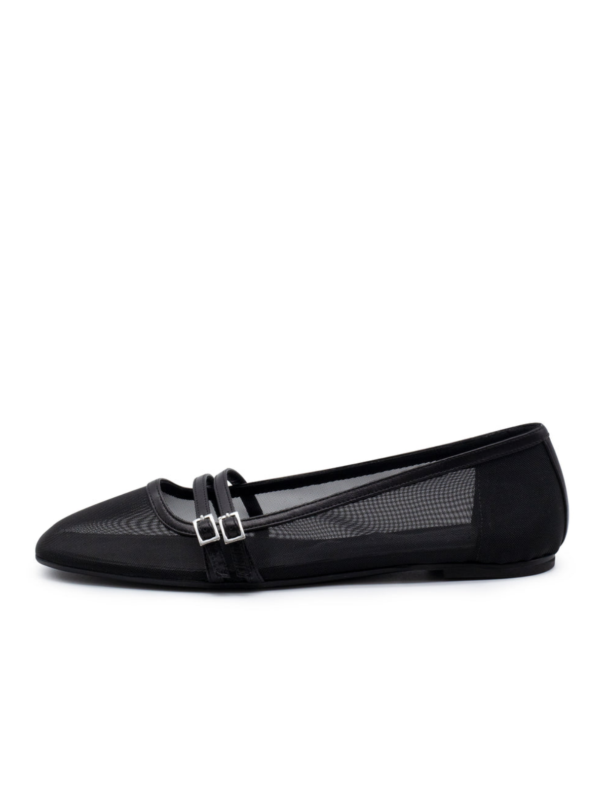 Black Square Toe Semi-Transparent Mesh Ballet Flats With Double Buckled Strap