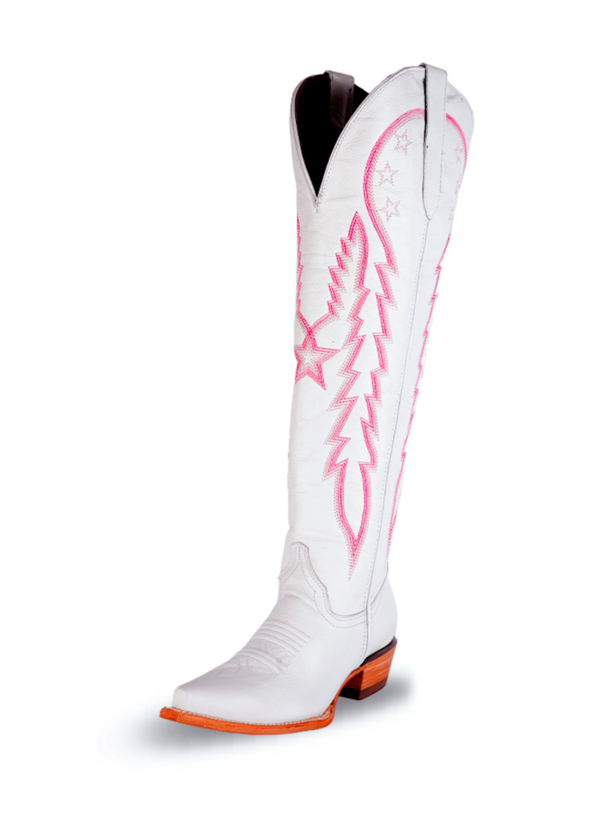 White Snip-Toe Pink Star Embroidery Half-Zip Tall Knee High Cowgirl Boots