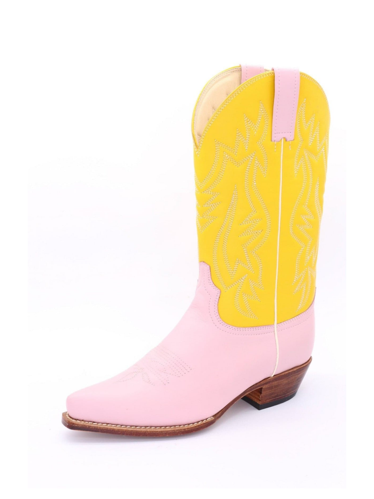 Contrast Yellow And Pink Snip-Toe Embroidery Wide Mid Calf Cowgirl Boots