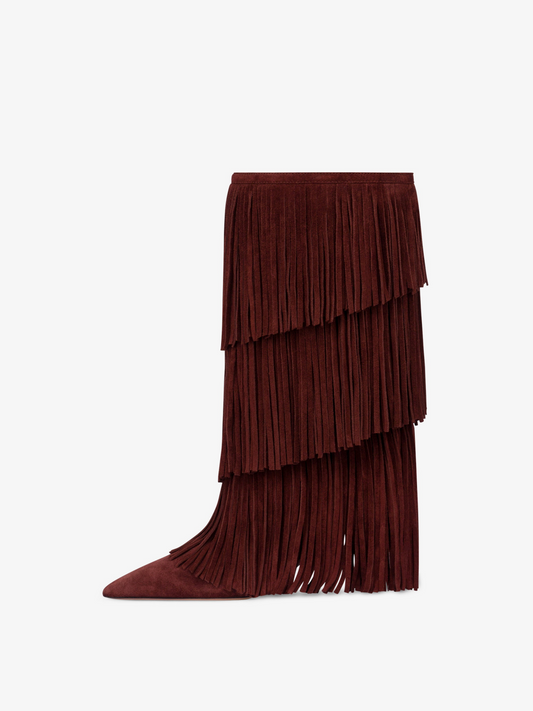 Mahogany Faux Suede Pointed-Toe Multi-Layered Fringe Short Wide Mid Calf Stiletto Boots