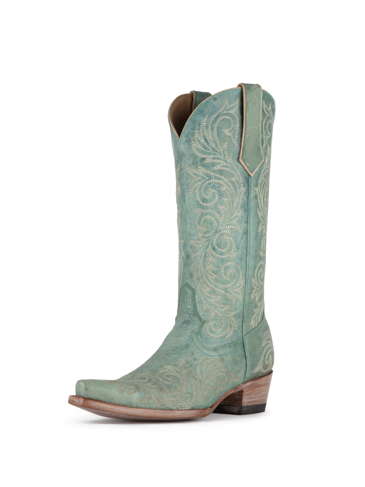 Aqua Snip-Toe Embroidery Wide Mid Calf Cowgirl Tall Boots