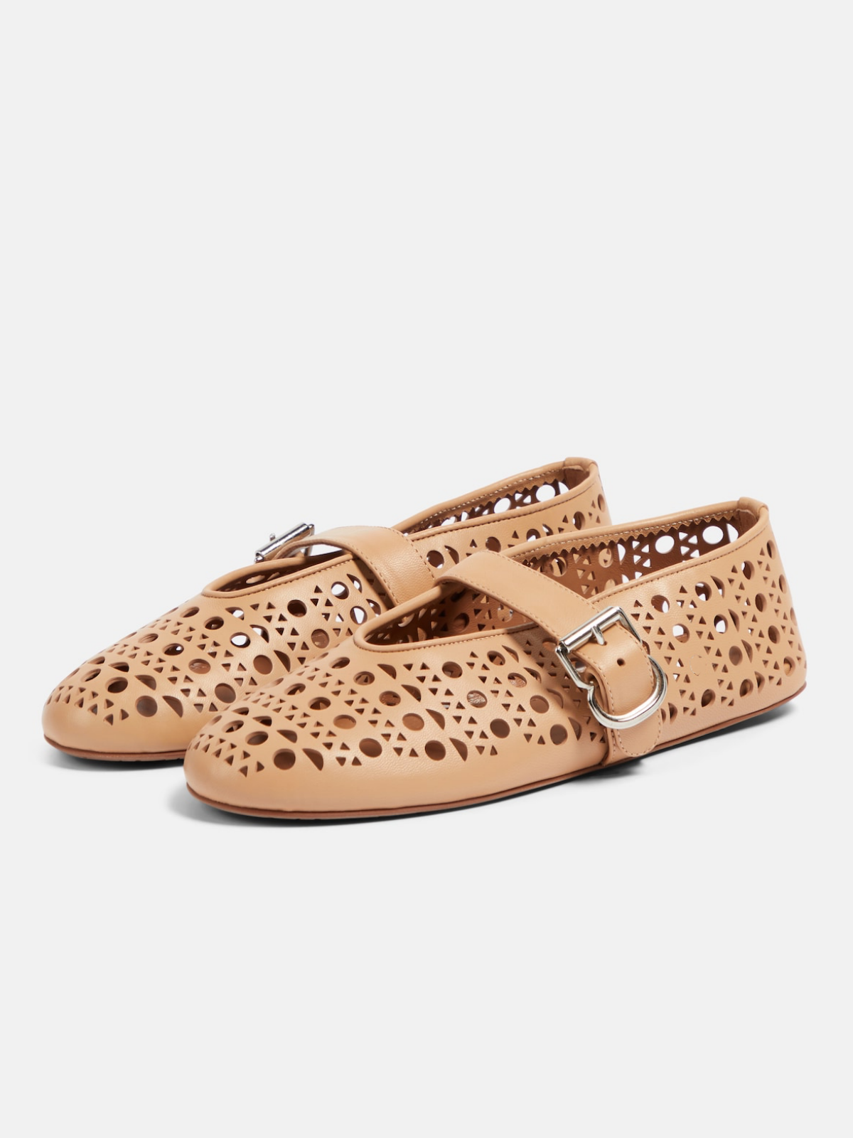 Beige Ballet Flats Mary Janes With Perforations And Buckled Strap