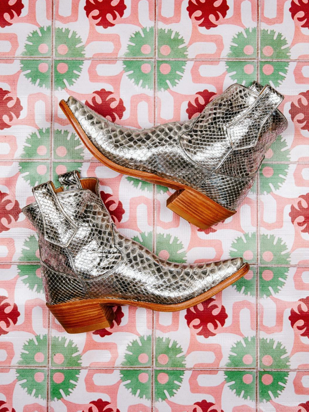 Metallic Silver Snakeskin Snip-Toe Cowgirl Ankle Booties