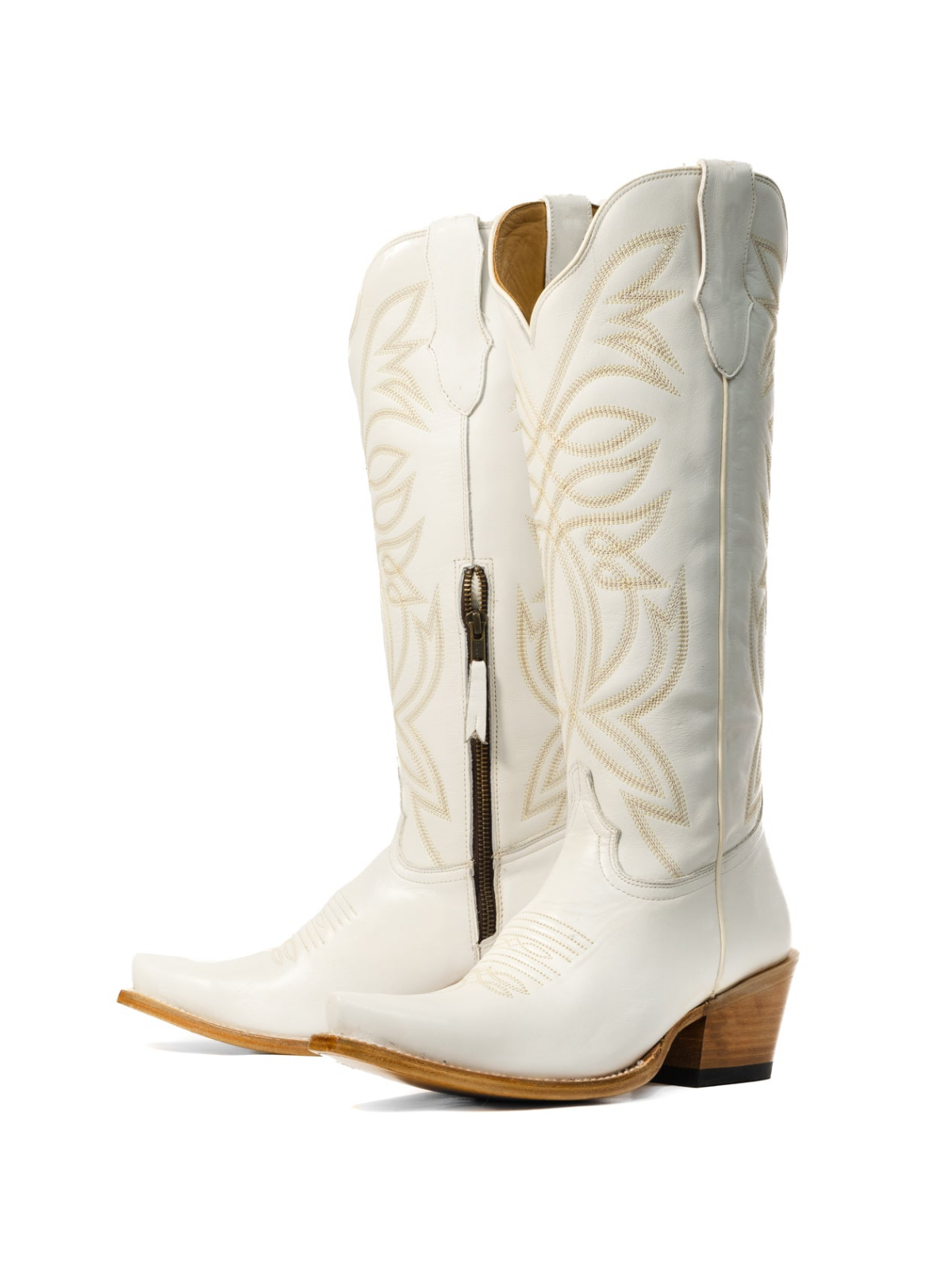 Ivory Snip-Toe Western Embroidery Half-Zip Mid Calf Cowgirl Boots