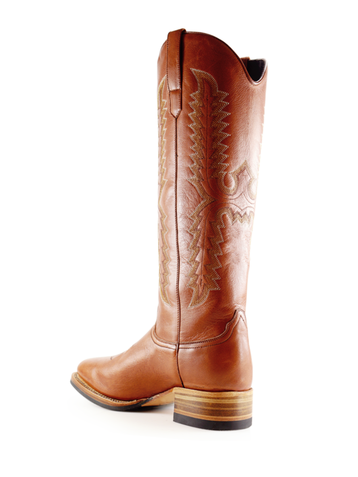 Cognac Embroidery Square-Toe Wide Mid Calf Tall Cowgirl Boots