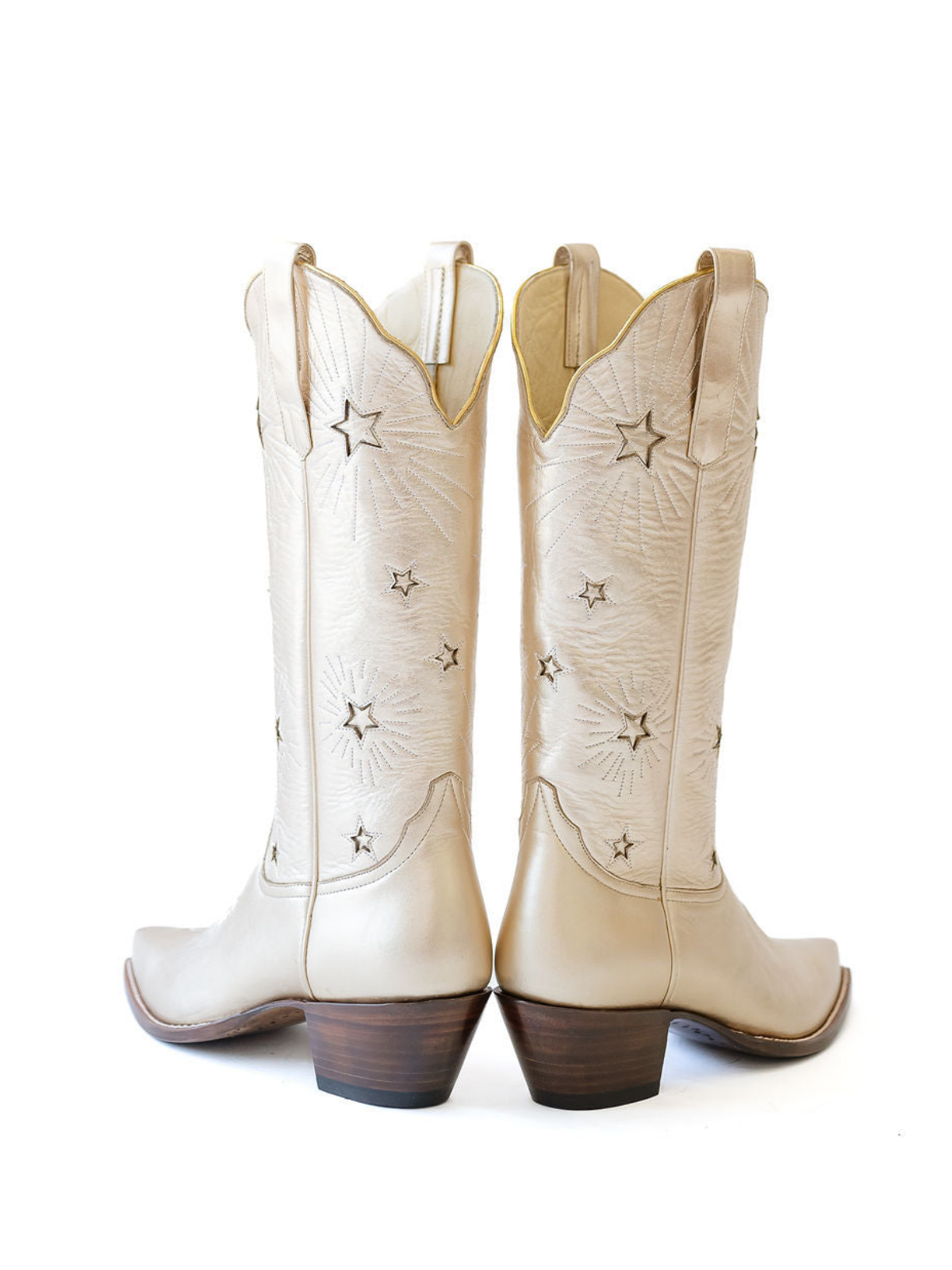 Metallic Gold Snip-Toe Wide Mid Calf Cowgirl Boots With Stars Inlay