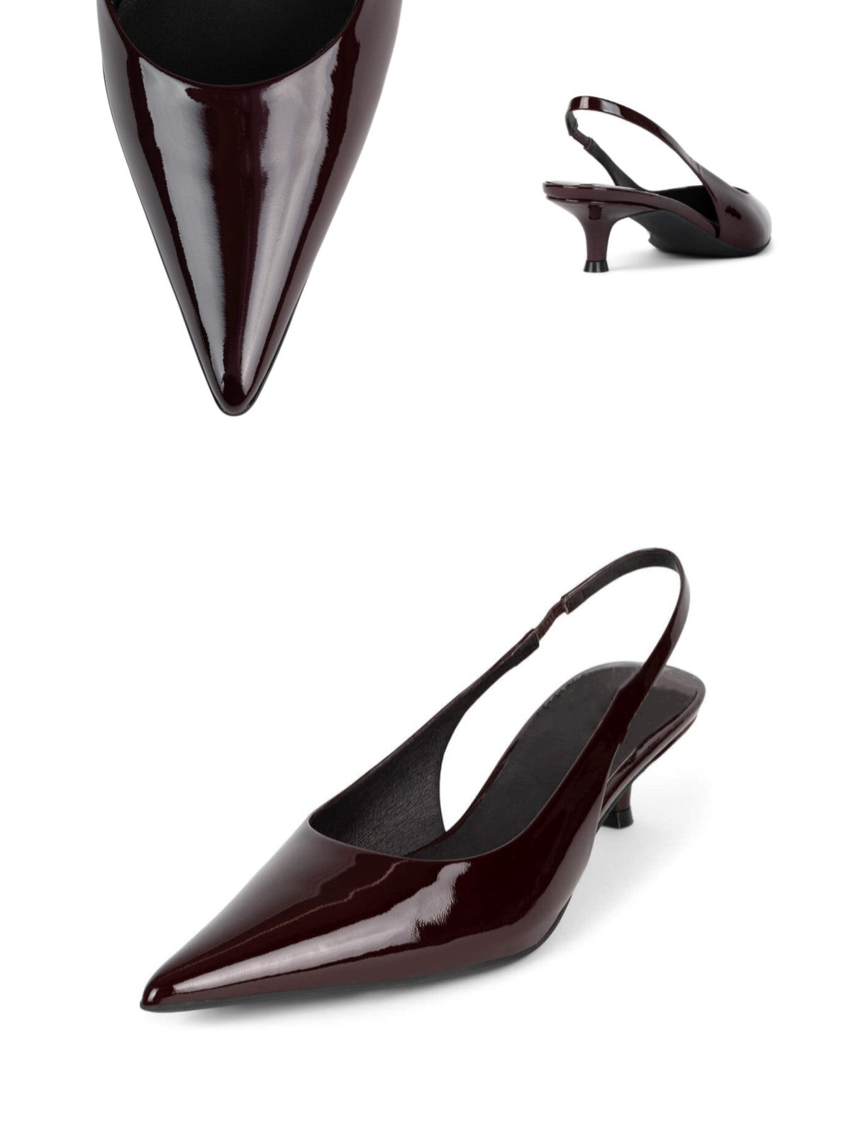 Dark Burgundy Patent Pointy Comfy Kitten Heels Slingback Pumps For Women