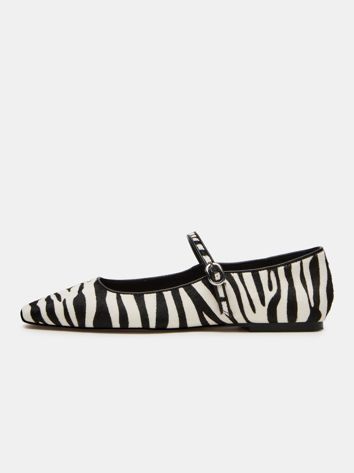 Zebra-Print Pony Hair Square-Toe Bridge Strap Mary Janes Ballet Flats