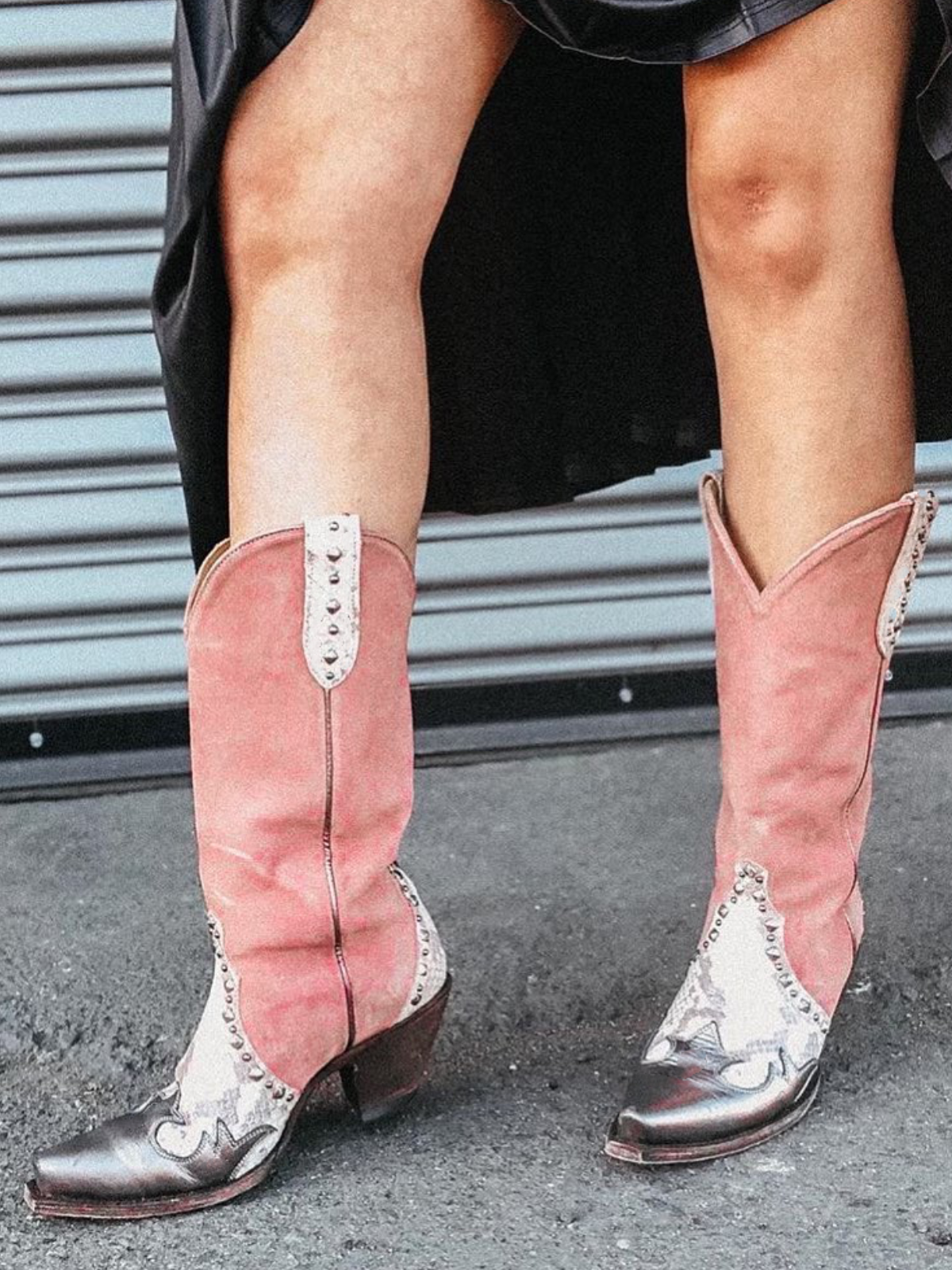 Contrast Snakeskin And Pink Faux Suede Studded Applique Snip-Toe Wide Mid Calf Cowgirl Boots