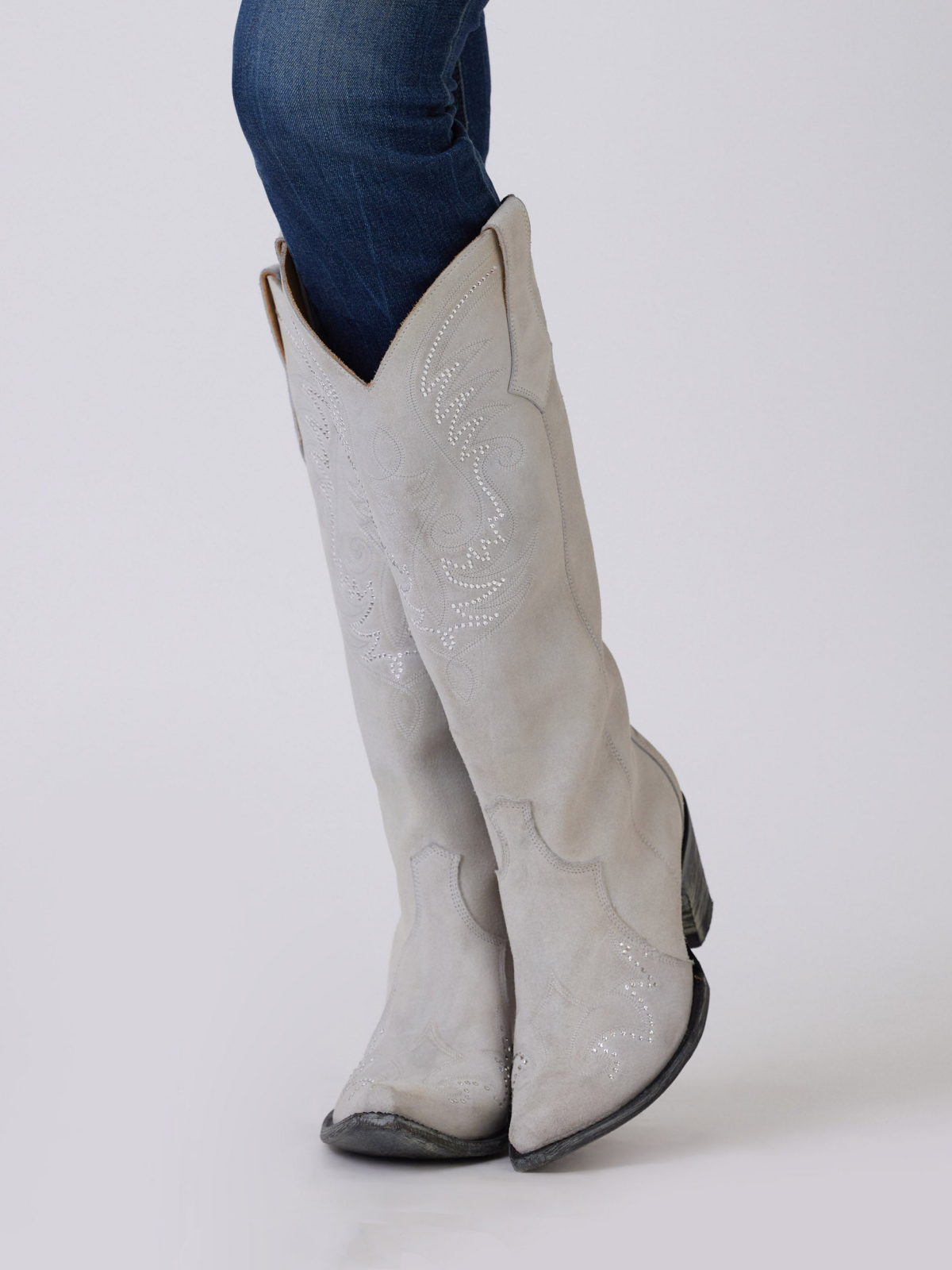 Light Gray Faux Suede Embroidery Rhinestone Snip-Toe Wide Calf Knee High Tall Cowgirl Boots