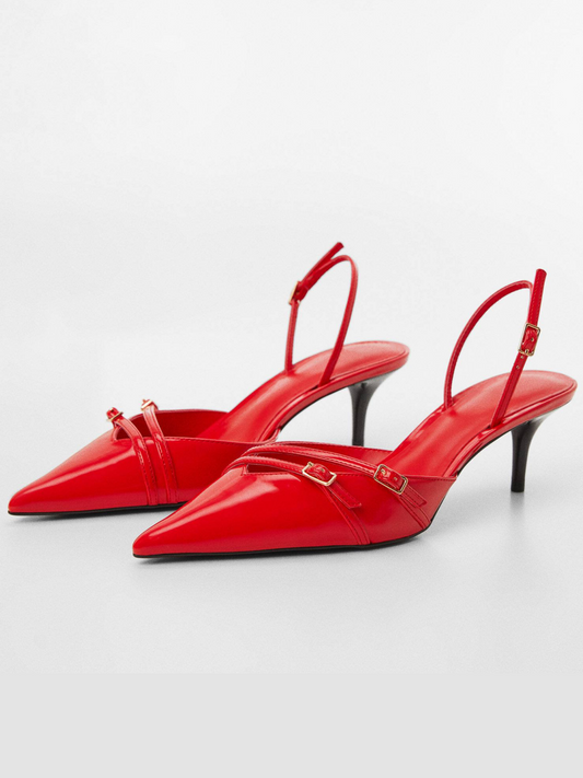 Red Buckled Strappy Pointy Kitten Heels Slingback Courts Pumps