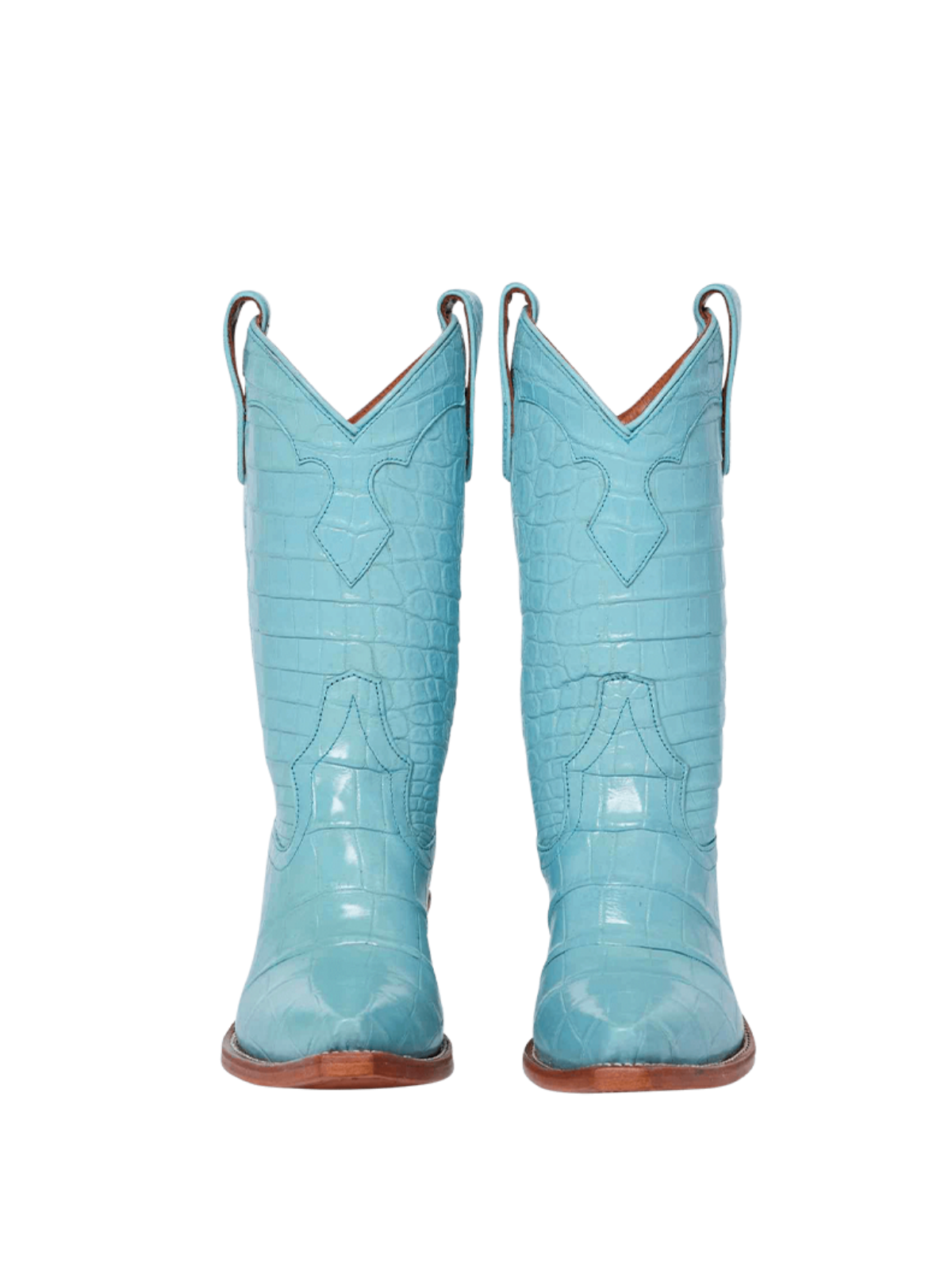 Snip-Toe Wide Mid Calf Cowgirl Boots - Blue Crocodile-Embossed Vegan Leather