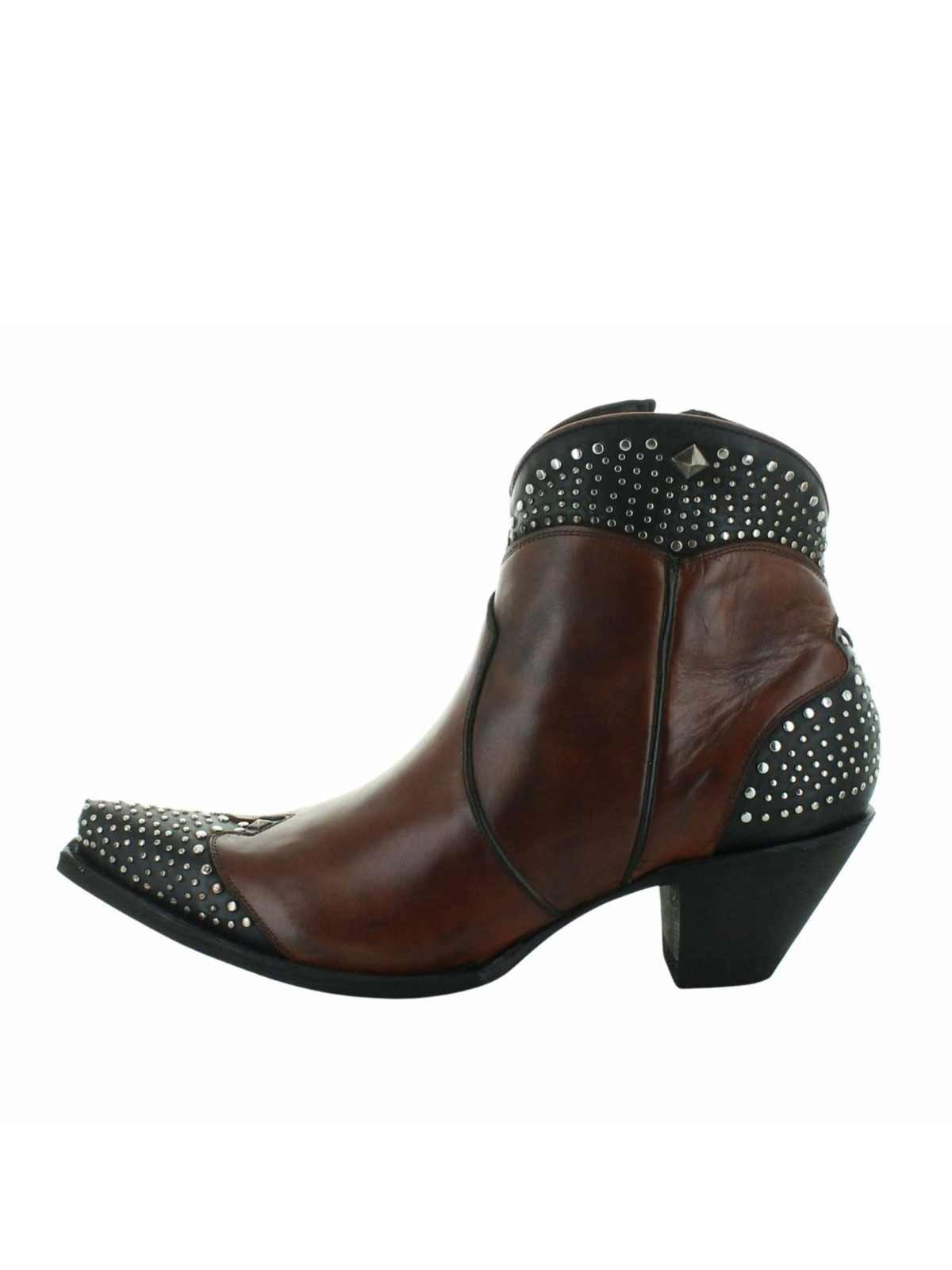 Contrast Brown And Black Snip-Toe Studded Full-Zip Ankle Booties