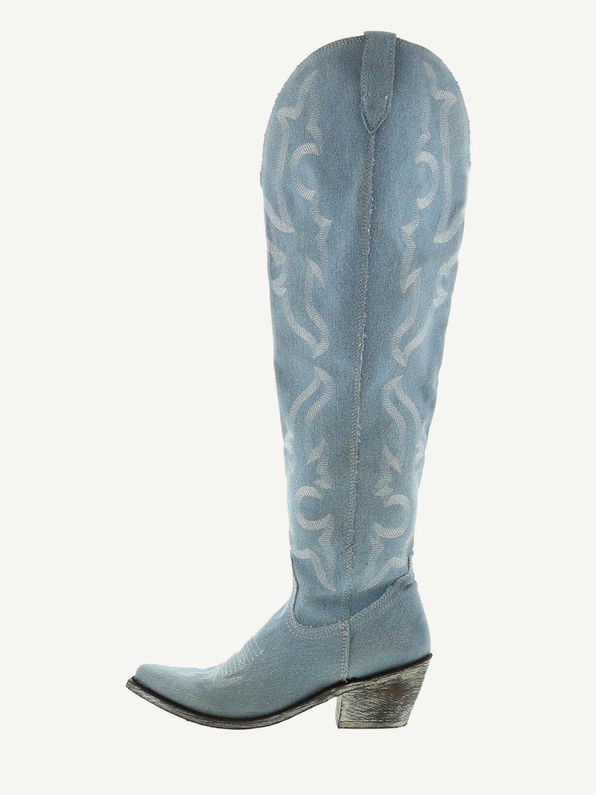 Denim Blue Embroidery Pointed-Toe Half-Zip Over-The-Knee Cowgirl Boots